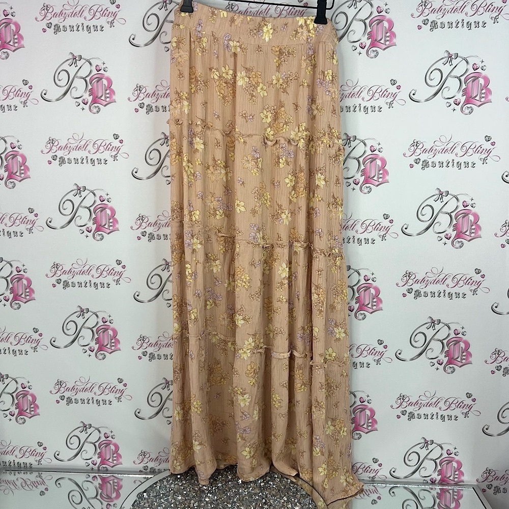 Wild skye skirt tiered ruffle Elegant Floral A-Line Skirt in Peach and Yellow
